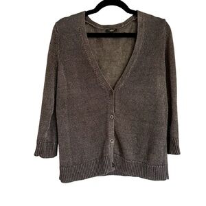 Talbots Grey Knit Linen V-Neck‎ 3/4 Sleeve Sweater Medium